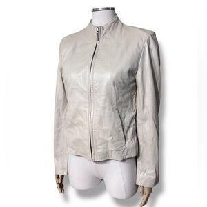 SIENNA STUDIO Ivory Pearlescent Leather Biker Jacket